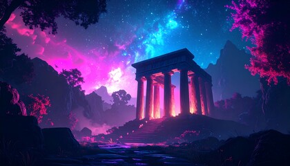 A vibrant, ancient temple bathed in otherworldly neon colors glows under a starry, galaxy-filled night sky, amidst a mystical forest landscape.