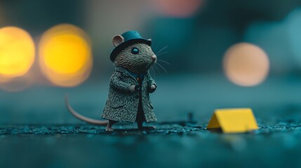 A charming mouse wearing a hat and coat stands on a wet surface with bokeh lights