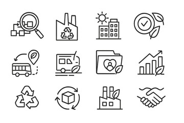 Sustainable Business Icons. Line style icons of sustainable business practices: supply chain audit, zero-waste factory,