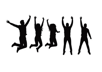 Silhouette of five expressive people leaping with excitement, a vector graphic symbolizing freedom, happiness, and teamwork.
