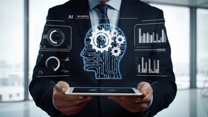 Businessman holding tablet with holographic ai brain interface displaying data analytics charts, graphs, and performance metrics in modern corporate office environment with digital visualization. - Powered by Adobe