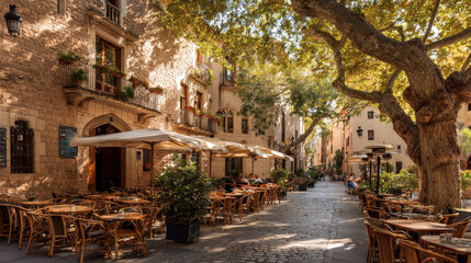 Fototapeta premium Outdoor café tables line the street of a historic city