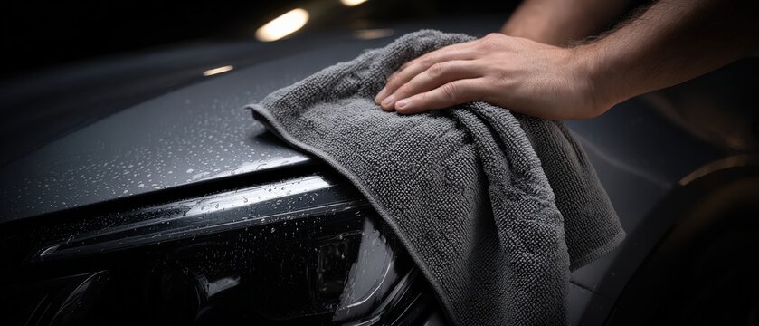 Man detailing a modern car with microfiber towel, wiping water droplets for a spotless, clean finish Concept of car care, auto detailing, and vehicle maintenance