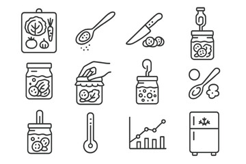 Fermentation Process Icons. Line style icons of fermentation process steps: ingredient prep board, salt measurement spoon,
