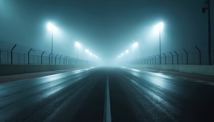 Empty race track at night shrouded in fog. Powerful spotlights illuminate wet asphalt. Speedway road features white line marking, metal fence barrier, concrete wall.