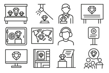 Gemstone Museum Icons. Line style icons of gemstone museums and exhibits: gemstone display case, exhibit spotlight, museum curator