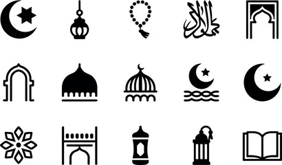 Islamic Religious Symbols: Crescent Moon, Star, Mosque Icons, Vector Graphics