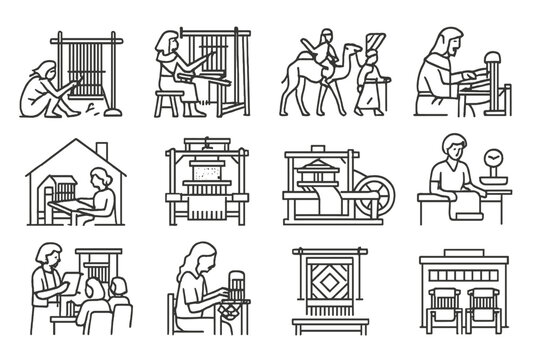 Textile Weaving Evolution. Line style icons of textile weaving history: prehistoric cave weaving, ancient Egyptian loom, Silk Road