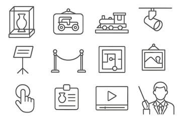 Museum Exhibit Icons. Line style icons of museum transport exhibits: glass case display, vintage vehicle plaque, model train