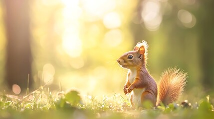 A cute squirrel stands in the grass bathed in warm, golden hour sunlight