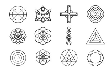 Spiritual Geometry Icons. Line style icons of spiritual geometry grids: energy wheel, crystal grid, alignment cross, vibrational