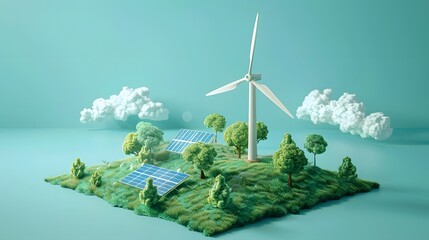 A miniature landscape with a wind turbine solar panels trees and clouds on a blue background