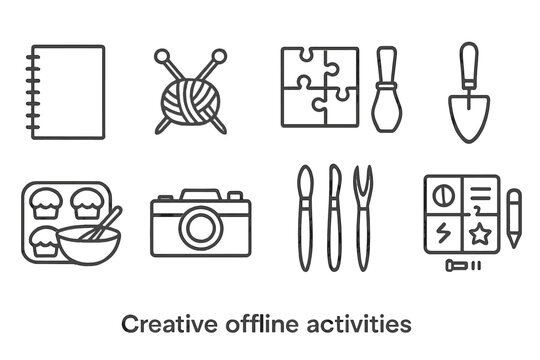 Creative Hobby Icons. Line style icons of creative offline activities: sketchpad icon, knitting needles, puzzle game layout,