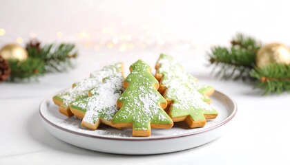 Festive Christmas tree-shaped cookies, iced with vibrant green icing and dusted with powdered sugar, are arranged on a plate against a soft white background.