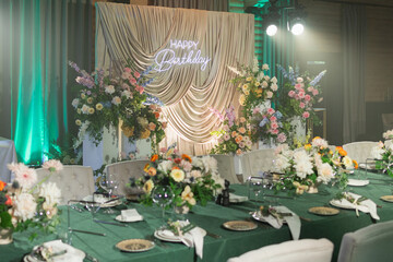 Luxury birthday backdrop with flowers and drapery