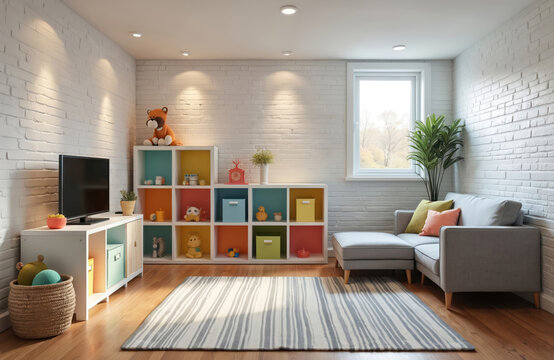 Cozy basement playroom features white brick walls, organized toy storage cubes, wooden flooring, gray sofa with colorful pillows. Recessed lighting illuminates child-friendly space, offering tidy,