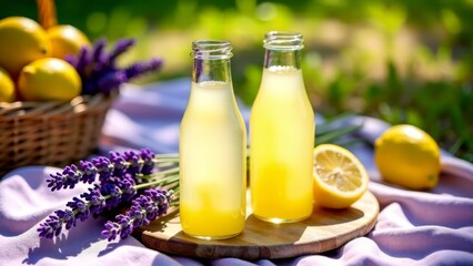 Lavender lemonade bottles on picnic blanket in sunlight