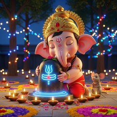Cute Ganesha hugging shiv ling