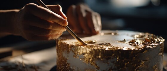 Closeup of adult hands applying gold leaf to a cake with a brush indoors Concept of luxury dessert, baking, and confectionery