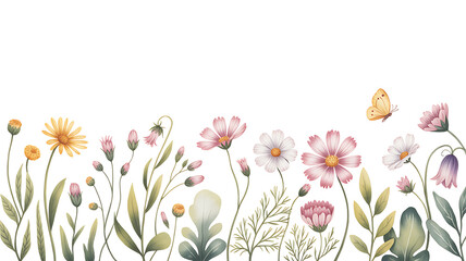 Delicate Watercolor Wildflower Border with Butterfly flowers wildflowers