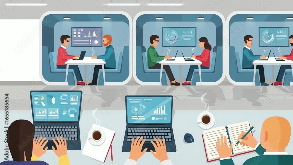 Poster dynamic business collaboration people working in modern office pods with data analysis on laptops.
