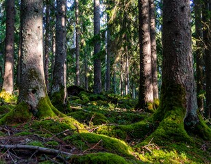 Naklejka premium Sunlight filtering through a dense forest (2)