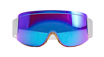 Colorful, futuristic ski goggles.  White frames with vibrant purple/blue iridescent lenses