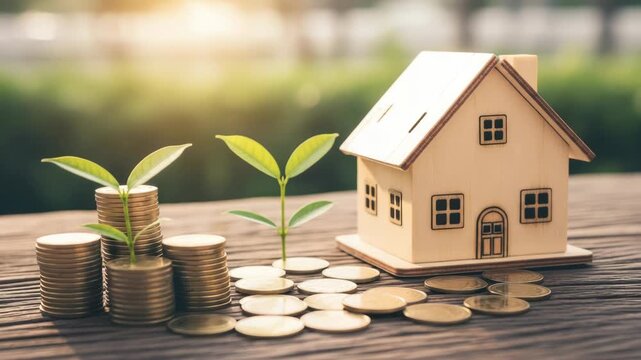 A small wooden house sits on a pile of gold coins with plants growing from stacks of money, symbolizing financial growth and real estate investment - Powered by Adobe