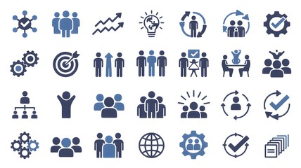 Illustration of business and team related icons on a white background in blue and black colors