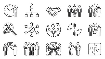 A collection of business and teamwork icons in black outline on a white background showing collaboration