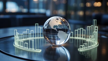 A clear glass globe surrounded by a graph on a reflective surface in a blurred background