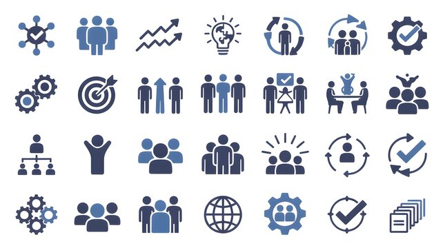 Illustration of business and team related icons on a white background in blue and black colors
