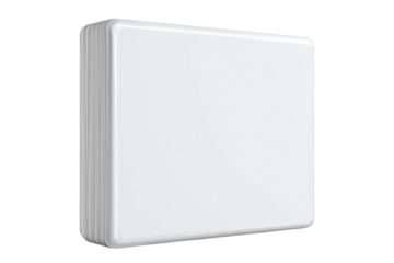 A square, white,  slightly raised, 3D model of a device.  It appears  stacked or layered, with visible edges