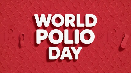 A stylized world polio day message in white on a textured red background with abstract shapes