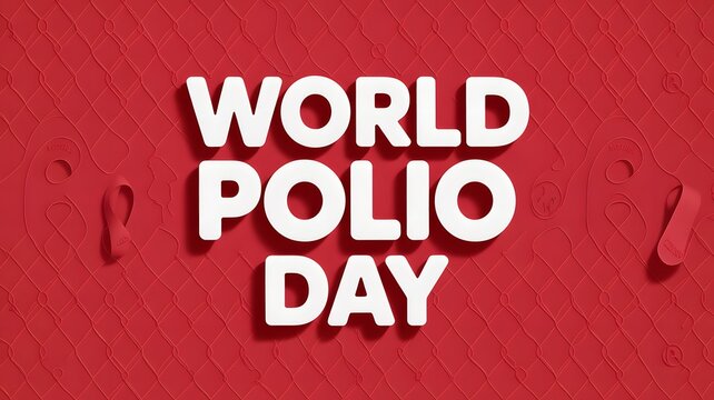 A stylized world polio day message in white on a textured red background with abstract shapes