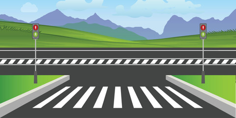  City roads with traffic lights front view illustration