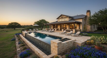 Fototapeta premium Modern Countryside Villa with Infinity Pool, Stone Terrace and Scenic Sunset Landscape