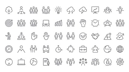 Collection of business and management icons representing teamwork strategy and leadership concepts
