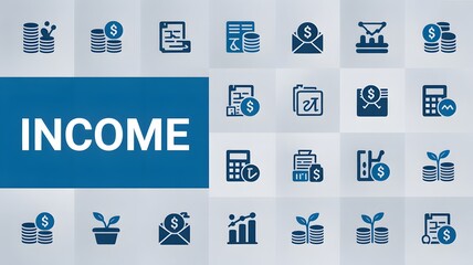 Income concept with various financial icons representing growth and investment strategies shown in blue tones