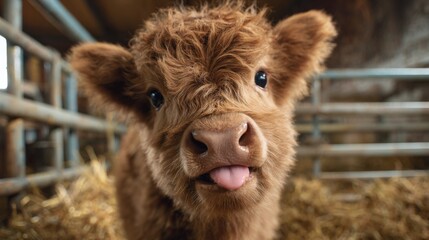 Fototapeta premium A young calf displays its playful personality by sticking out its tongue while resting in a barn filled with straw. The cozy environment adds to the charm of the scene.