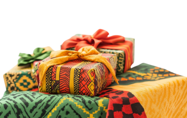 Detailed depiction of traditional Kwanzaa presents showcasing colorful wrapping symbolic meaning and the values of unity and creativity isolated on transparent background PNG