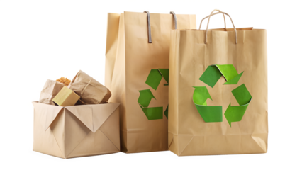 Brown paper shopping bags with green recycle symbol isolated on transparent background