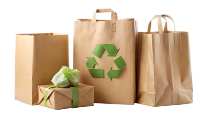 Recycling symbol on a paper shopping bag with other paper bags and a gift box isolated on transparent background