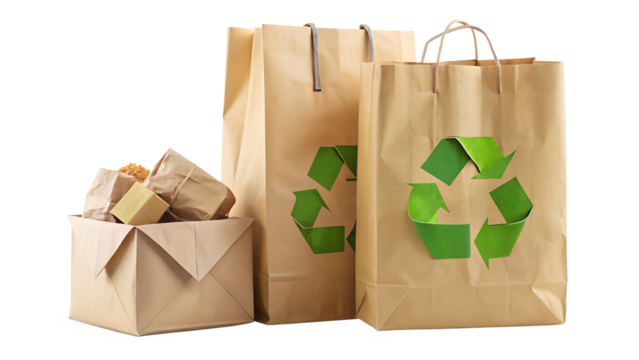 Brown paper shopping bags with green recycle symbol isolated on transparent background