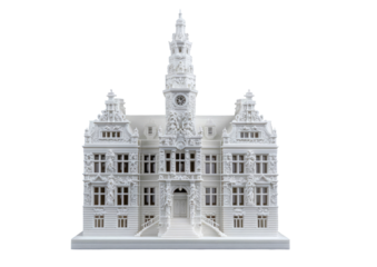 Detailed 3D model of a town hall.  Ornate, white, architectural miniature.  Tower, clock, sculpted fa?ade, intricate carvings