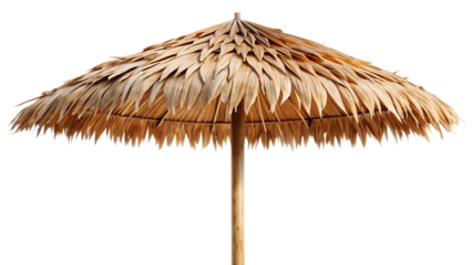 Thatch straw umbrella parasol for sun protection on the beach isolated on transparent background