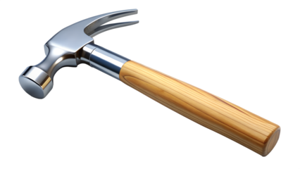 A metal claw hammer with a wooden handle, isolated on transparent background