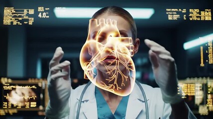 Female doctor examining holographic heart model with augmented reality technology. Medical professional using digital visualization for cardiovascular diagnosis and patient care in modern healthcare - Powered by Adobe