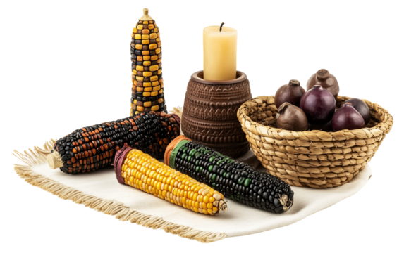 Detailed depiction of traditional Kwanzaa symbolic items showcasing corn as a representation of abundance family and cultural identity isolated on transparent background PNG