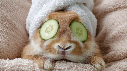 A fluffy orange bunny is pampered at home with cucumber slices resting on its eyes while wrapped in a cozy towel, creating a serene spa-like atmosphere.